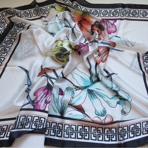 Chico's White Floral Silk-Feel Scarf with Multicolor Blooms and Black Border